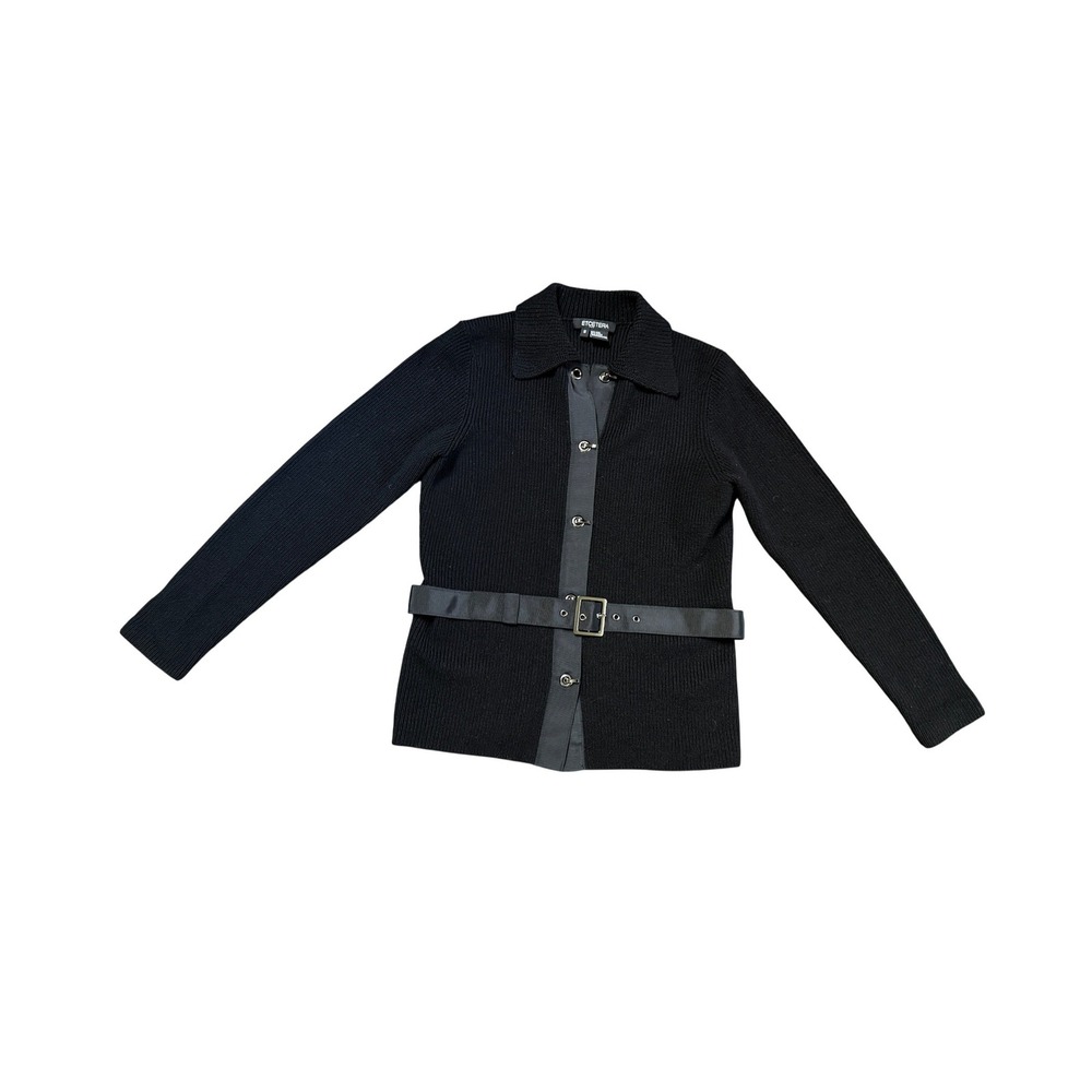 Etcetera Cardigan Black 100% Wool Ribbed Belted Toggle Collared Sweater S - Picture 4 of 9